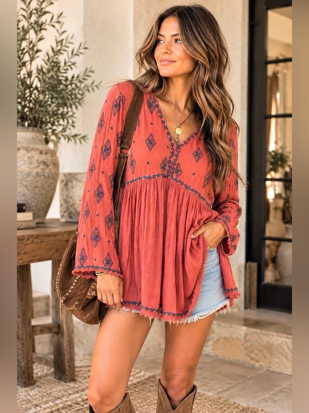 Free People Embroidered Boho Babydoll Tunic Top Rust Size Medium